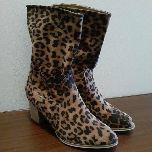 Hey Girl by Corky’s Wicked Leopard Faux Suede Slip On Soft Shaft Heeled Boots - Picture 1 of 3